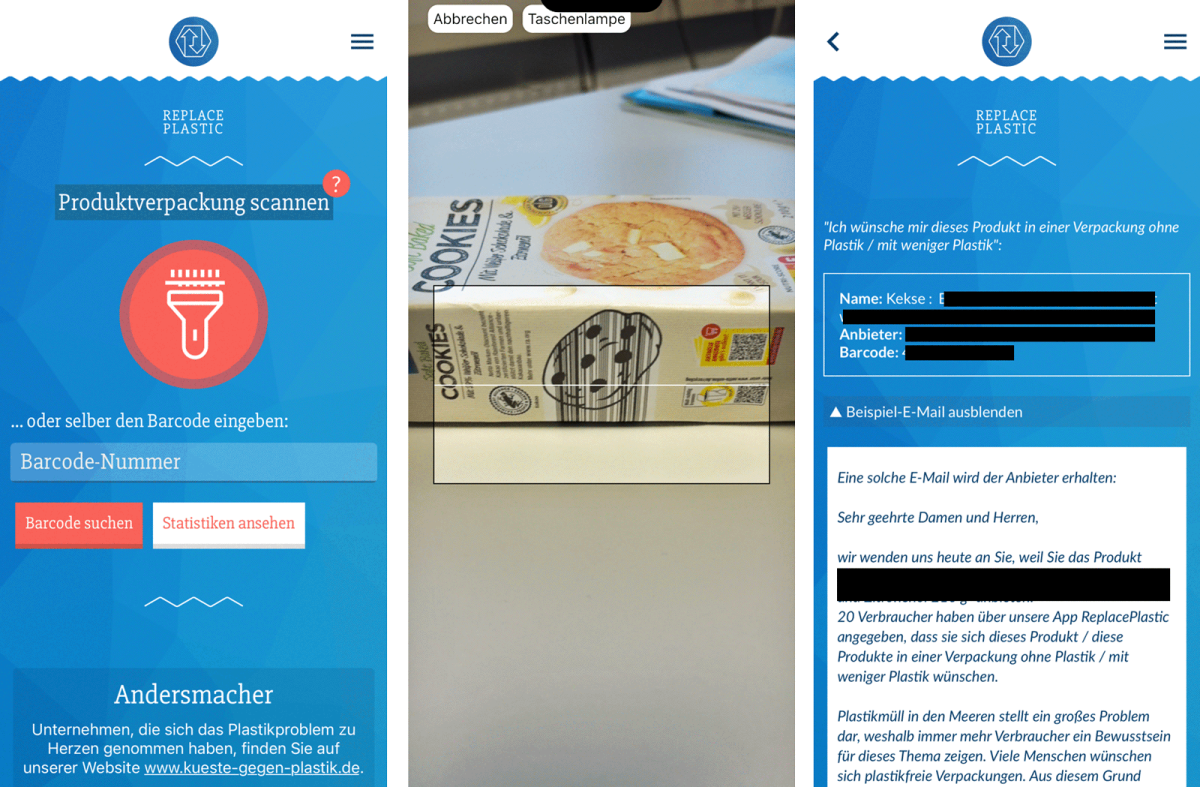 Screenshots der Scan-Funktion der App "ReplacePlastic"