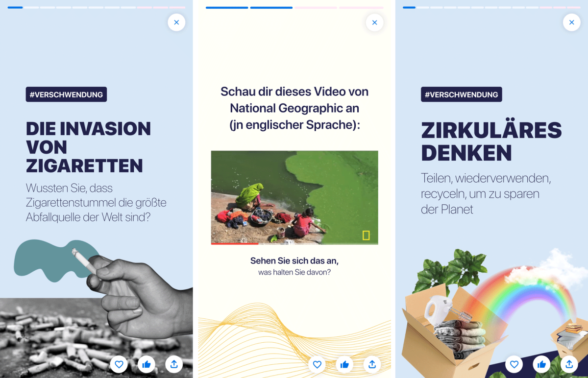 Beispielhafte Screenshots von Funktionen der App AWORLD