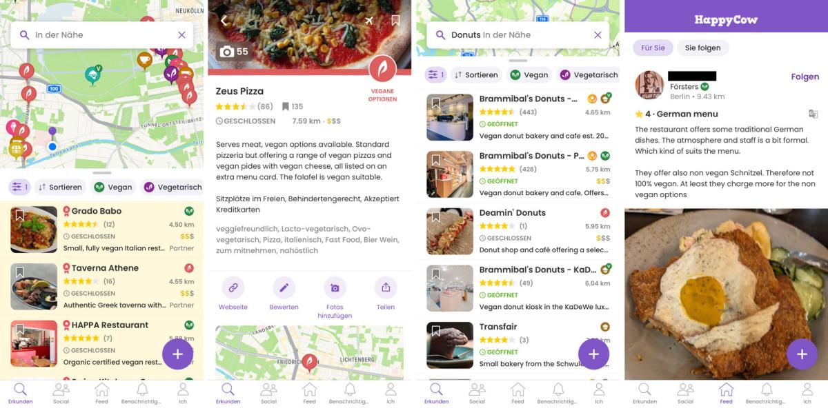 Screenshots verschiedener Funktionen der App "HappyCow"