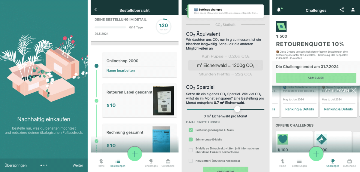 Verschiedene Funktionen der App "Keepoala"