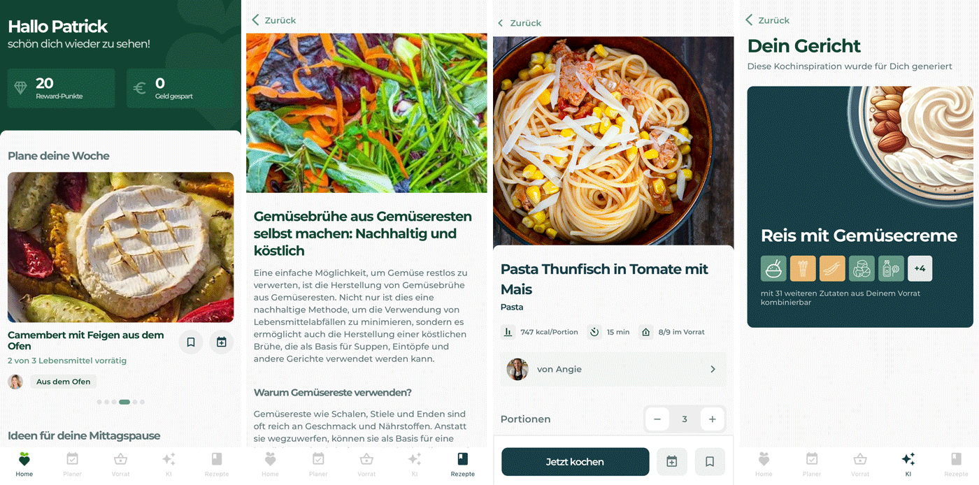 Screenshots verschiedener Funktionen der App LEFTOVERCOOKING: REZEPTE