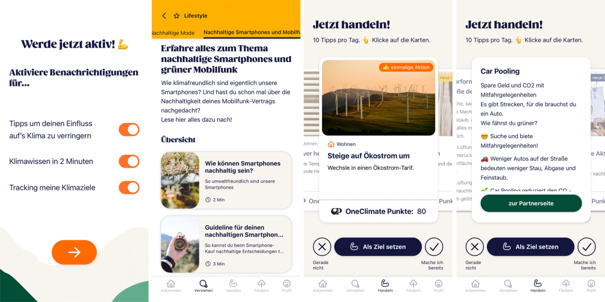 Beispielhafte Screenshots der App "OneClimate"