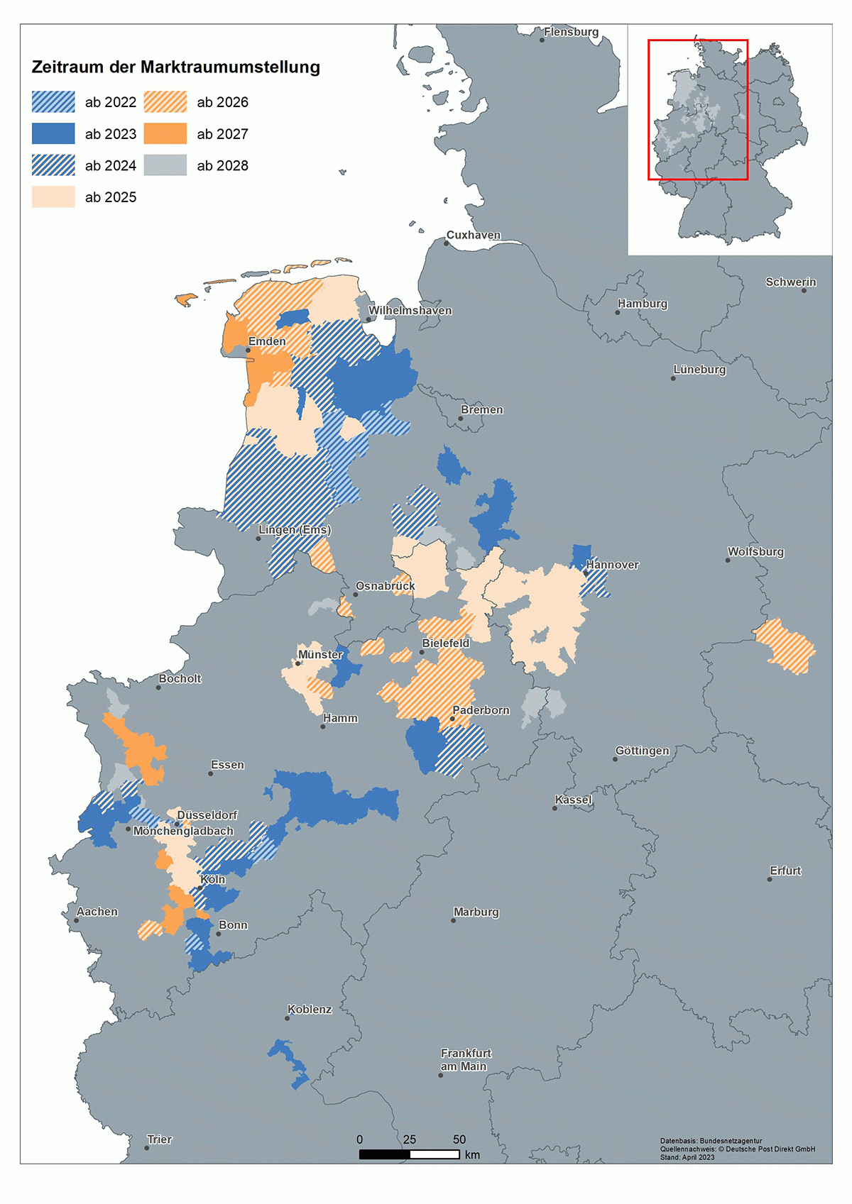 Deutschlandkarte, in der verschiedene Bereiche der Gasumstellung markiert sind