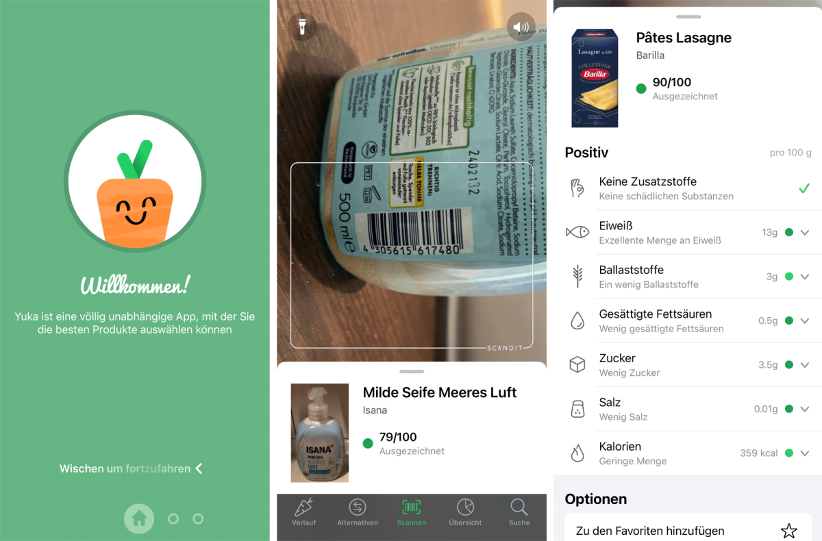 Beispielhafte Screenshots von Funktionen der App YUKA