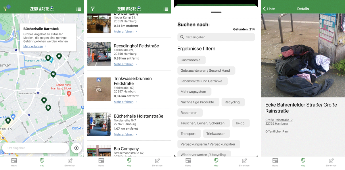 Beispielhafte Screenshots von Funktionen der App ZERO WASTE MAP