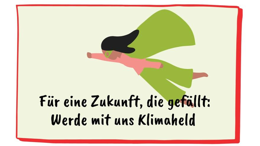 Nachhaltigkeit: Eine "Superwoman" mit grünem Umhang fliegt als Klimaheldin durch die Luft